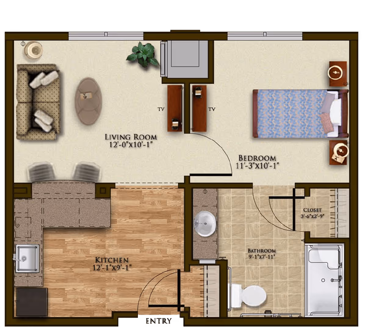 Floor plan of a senior living unit at Harmony at Brentwood showing a living room with sofa and coffee table, a kitchen with sink and counter space, a bedroom with a bed and nightstands, a bathroom with a sink, toilet, and bathtub, and a closet near the bathroom.