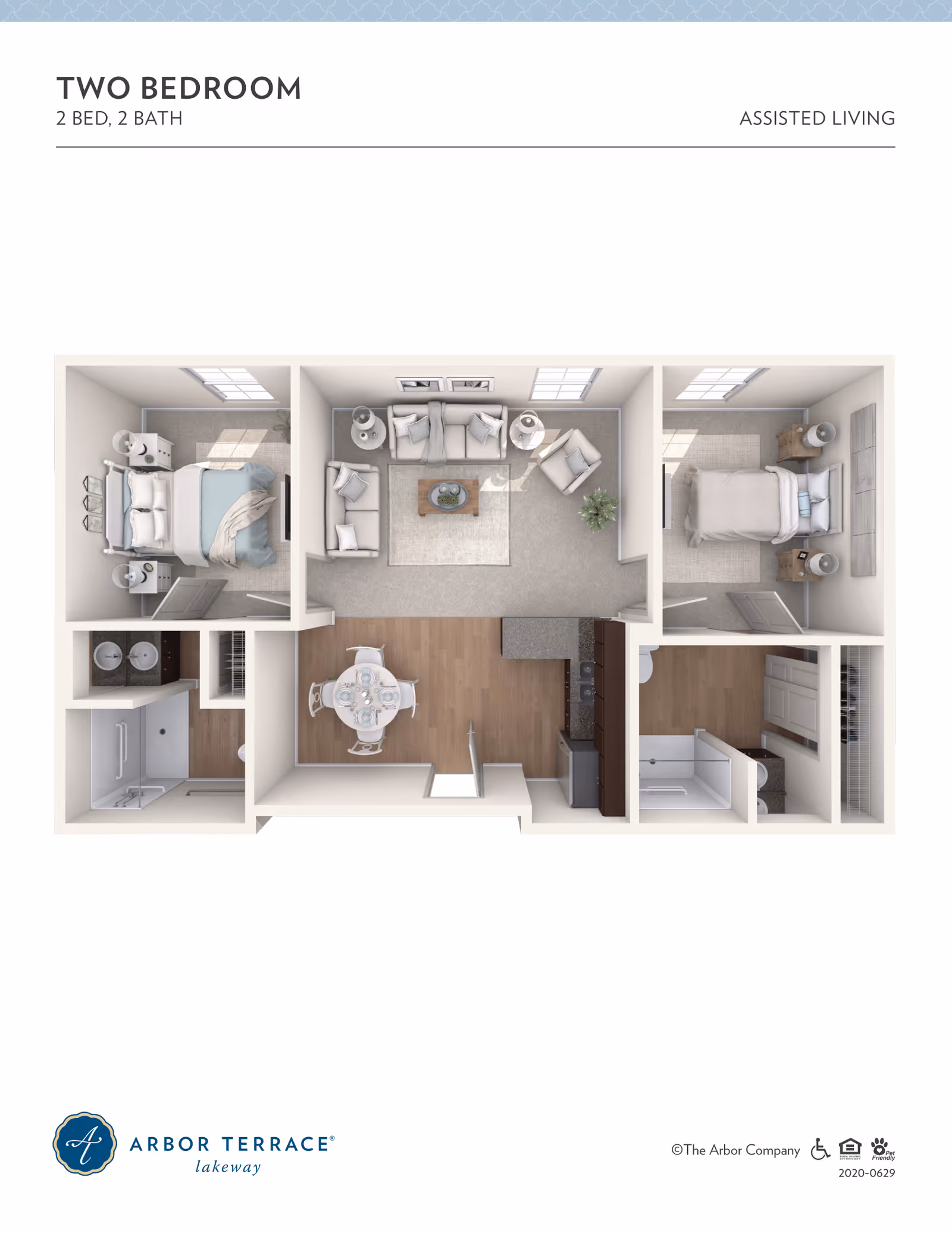 Floor plan of a two-bedroom, two-bath assisted living apartment at Arbor Terrace Lakeway. The layout includes two bedrooms on opposite sides, each with a bed and nightstands. There is a living room with sofas and a coffee table in the center, adjacent to a dining area with a round table and four chairs. The kitchen is next to the dining area with cabinets, a sink, and appliances. Each bedroom has an attached bathroom with a shower, sink, and toilet.