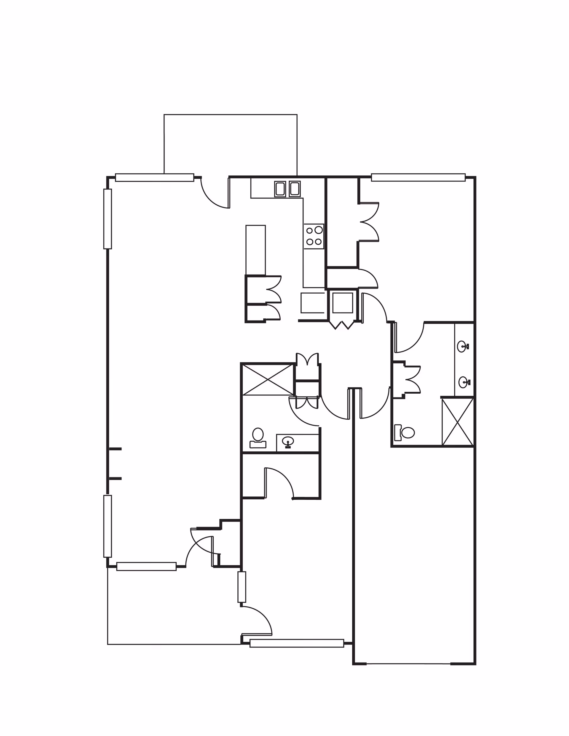Architectural floor plan layout of a residential unit showing rooms including kitchen, bathrooms, and living areas with doors and windows marked.