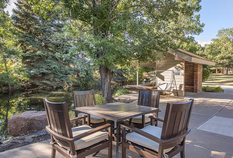 Outdoor seating area with a square table and four cushioned chairs on a paved patio near a small pond surrounded by trees and greenery. In the background, there is a small covered structure with a swing and a sign on the wall.
