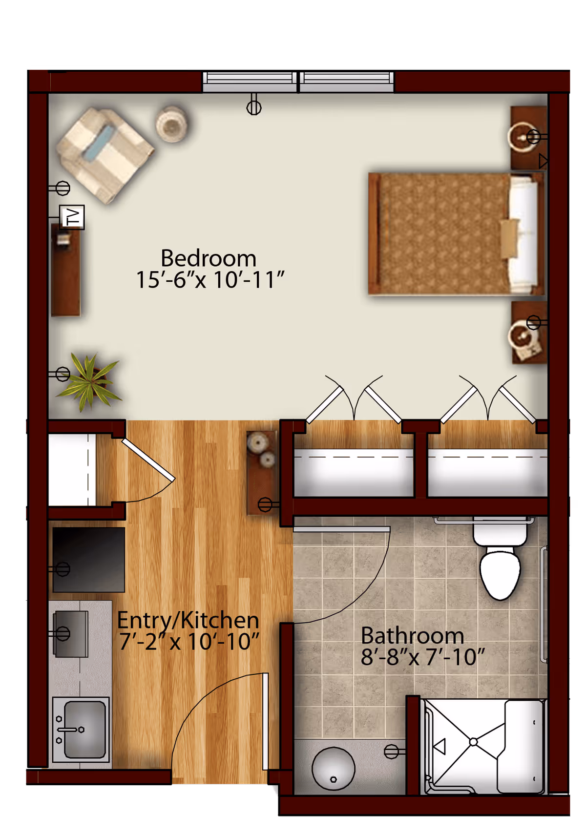 Floor plan of a senior living unit at Harmony at State College showing a bedroom measuring 15 feet 6 inches by 10 feet 11 inches with a bed, chair, TV, and plant; an entry/kitchen area measuring 7 feet 2 inches by 10 feet 10 inches with a sink and stove; and a bathroom measuring 8 feet 8 inches by 7 feet 10 inches with a toilet, sink, and shower.