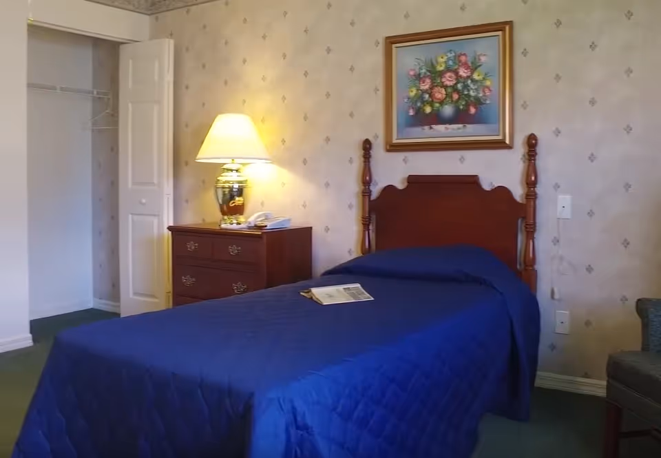 Small bedroom with a single bed covered in a blue quilt, wooden headboard, nightstand with a lamp, artwork on the wall and an open closet.