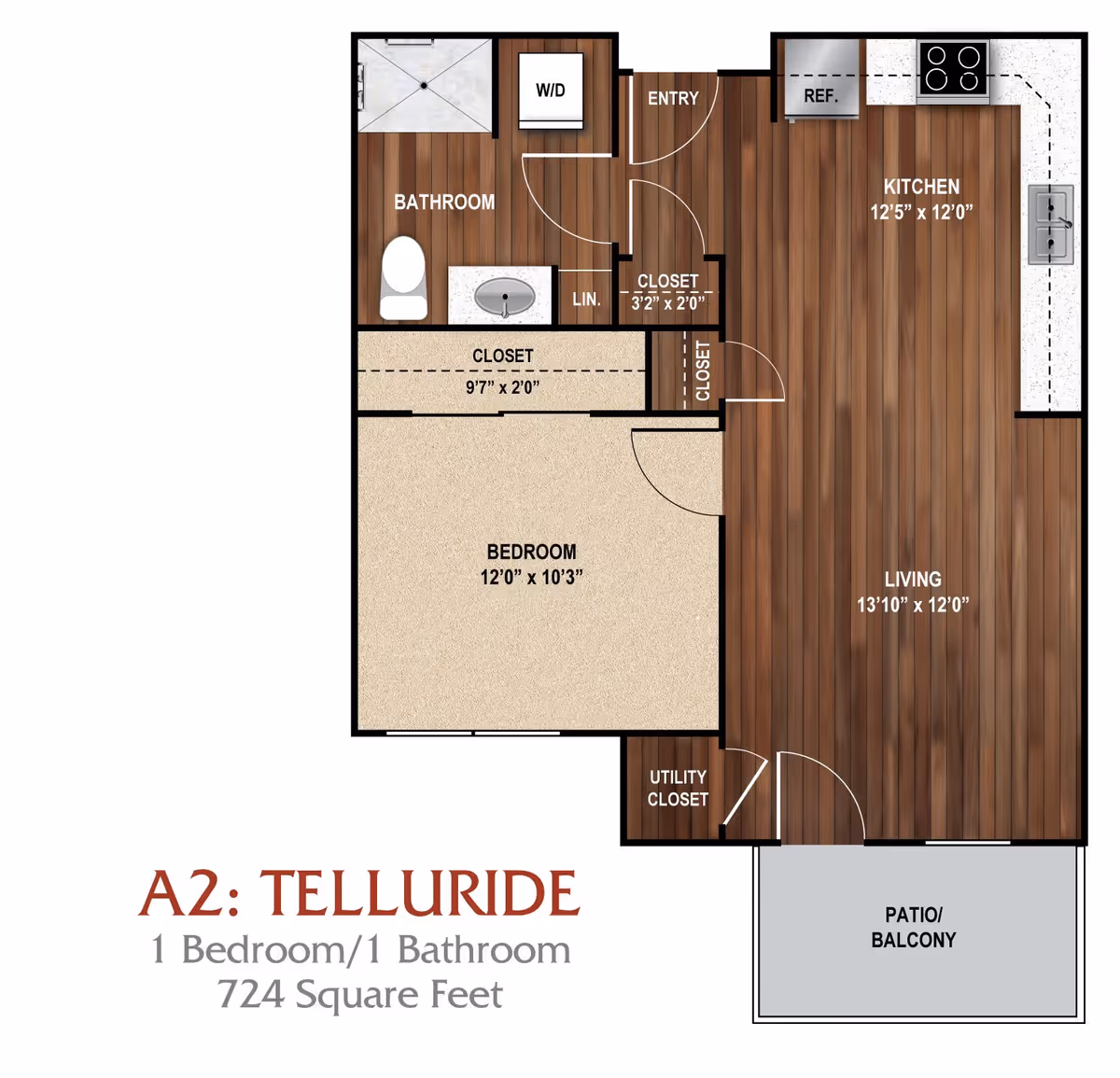 Floor plan labeled A2: Telluride showing a one-bedroom, one-bathroom 724 sq ft apartment with kitchen, living area, bedroom, bathroom, closets and a patio/balcony.