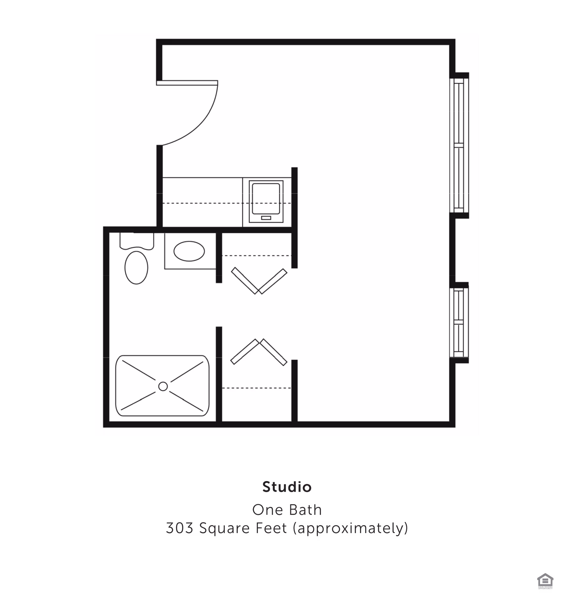 Black-and-white floor plan diagram of a studio apartment showing a bathroom, kitchenette, closets, and main living area.
