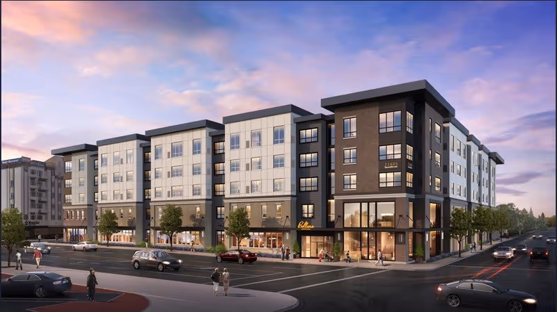 Exterior view of a modern multi-story senior living facility named Bellara Senior Living during dusk, with cars parked and people walking on the sidewalks nearby.
