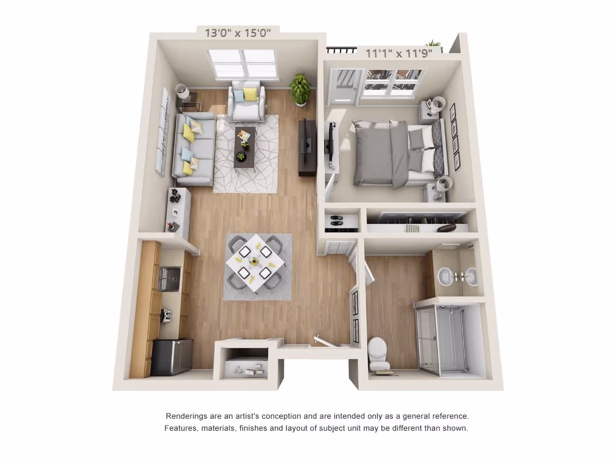 3D floor plan of a one-bedroom apartment featuring a living room with a sofa, armchair, coffee table, TV, and plant; a dining area with a table and four chairs; a kitchen with appliances and cabinets; a bedroom with a bed, nightstands, and a TV; and a bathroom with a shower, toilet, and double sink vanity.
