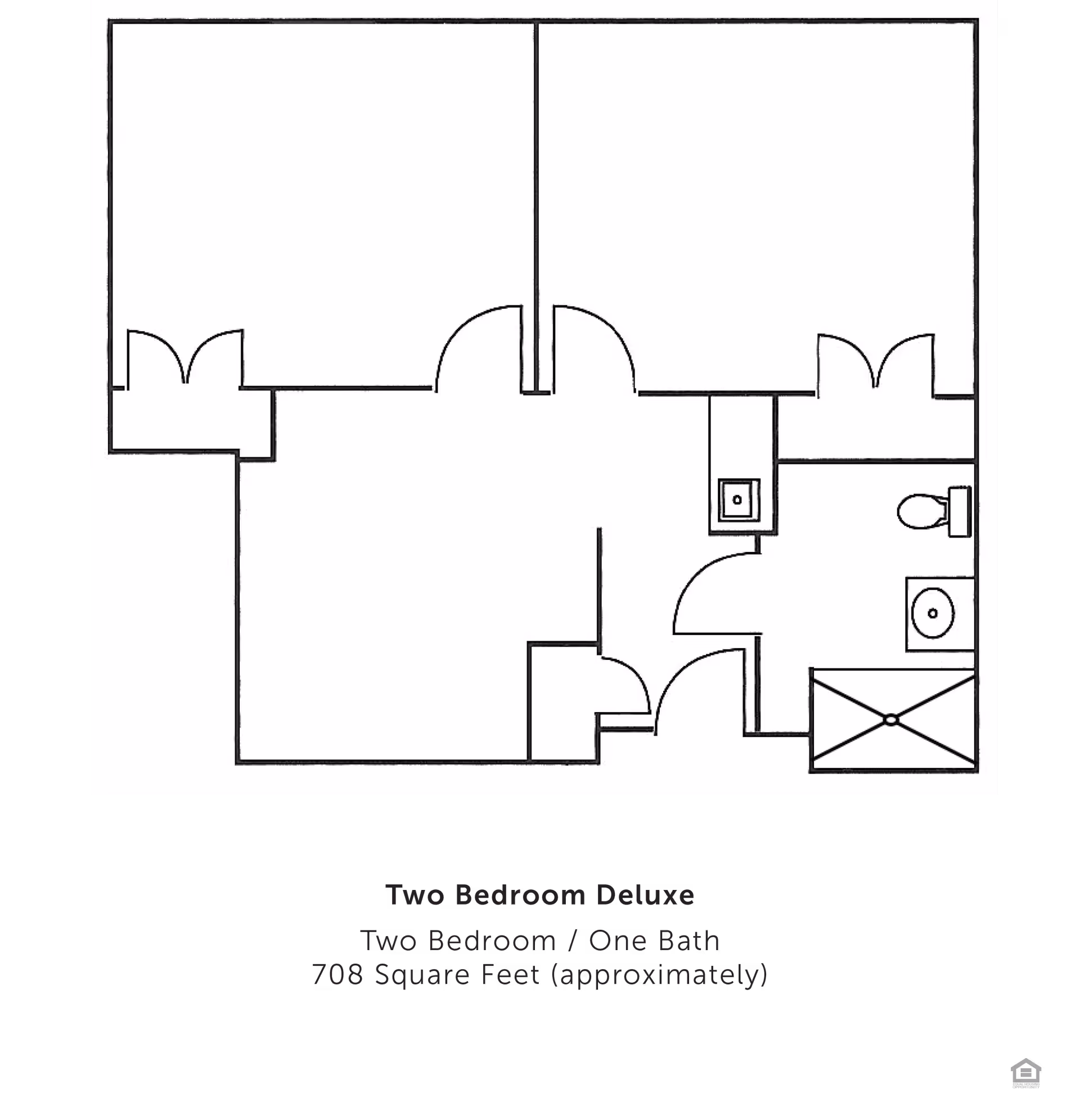Floor plan layout of a two bedroom deluxe apartment with one bathroom, approximately 708 square feet. The plan shows two bedrooms, a bathroom with a toilet, sink, and shower, and additional rooms with doors.