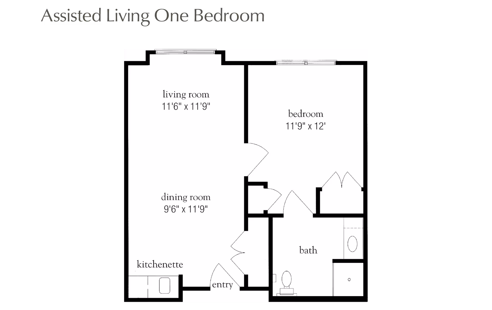 Floor plan of an assisted living one-bedroom apartment showing a living room, dining room, kitchenette, entry, bedroom, and bathroom with dimensions.