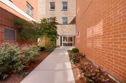 Exterior walkway between brick buildings with plants leading to a glass entrance.