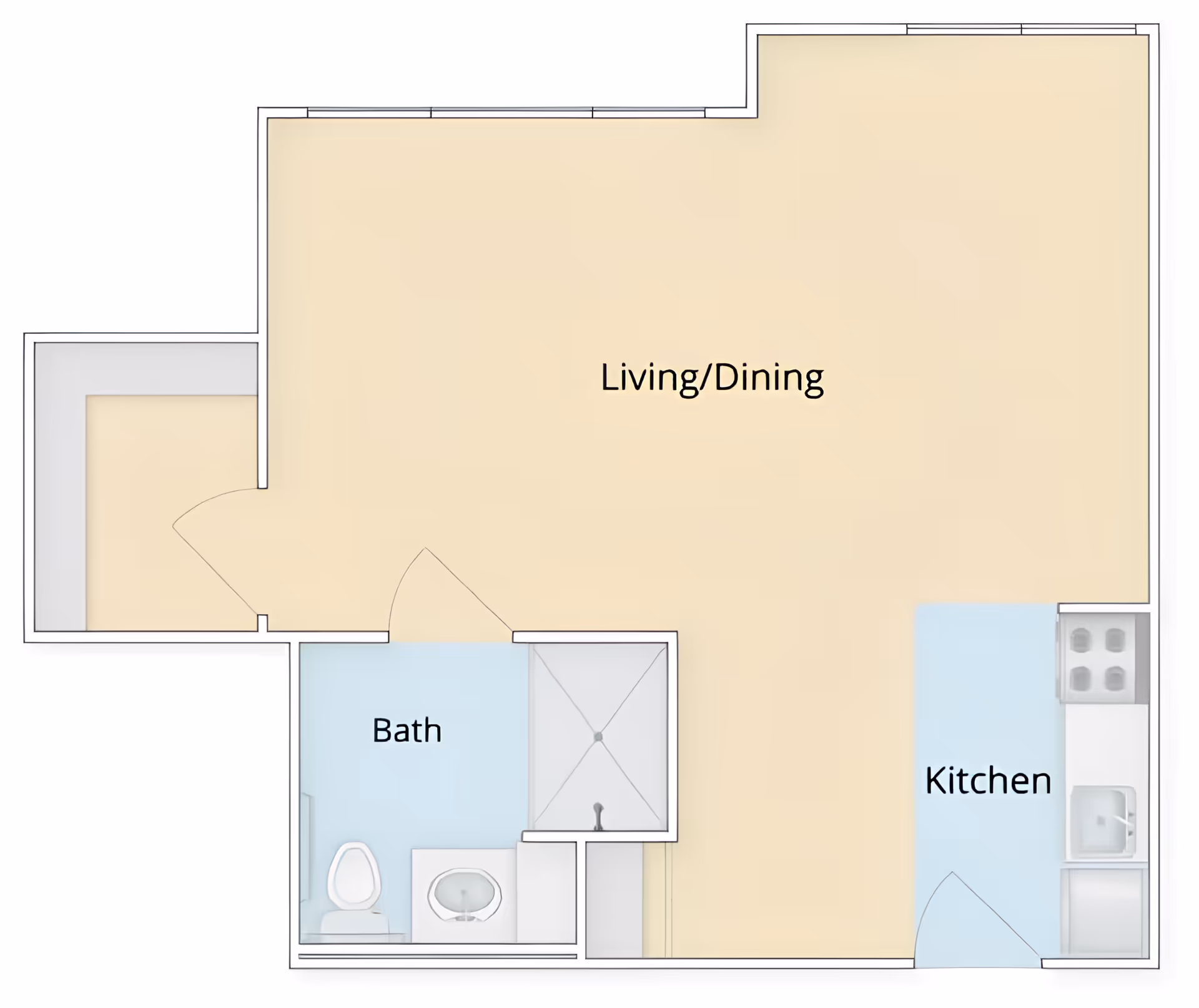 Floor plan of a senior living unit showing a combined living and dining area, a kitchen with a stove and sink, and a bathroom with a toilet, sink, and shower.