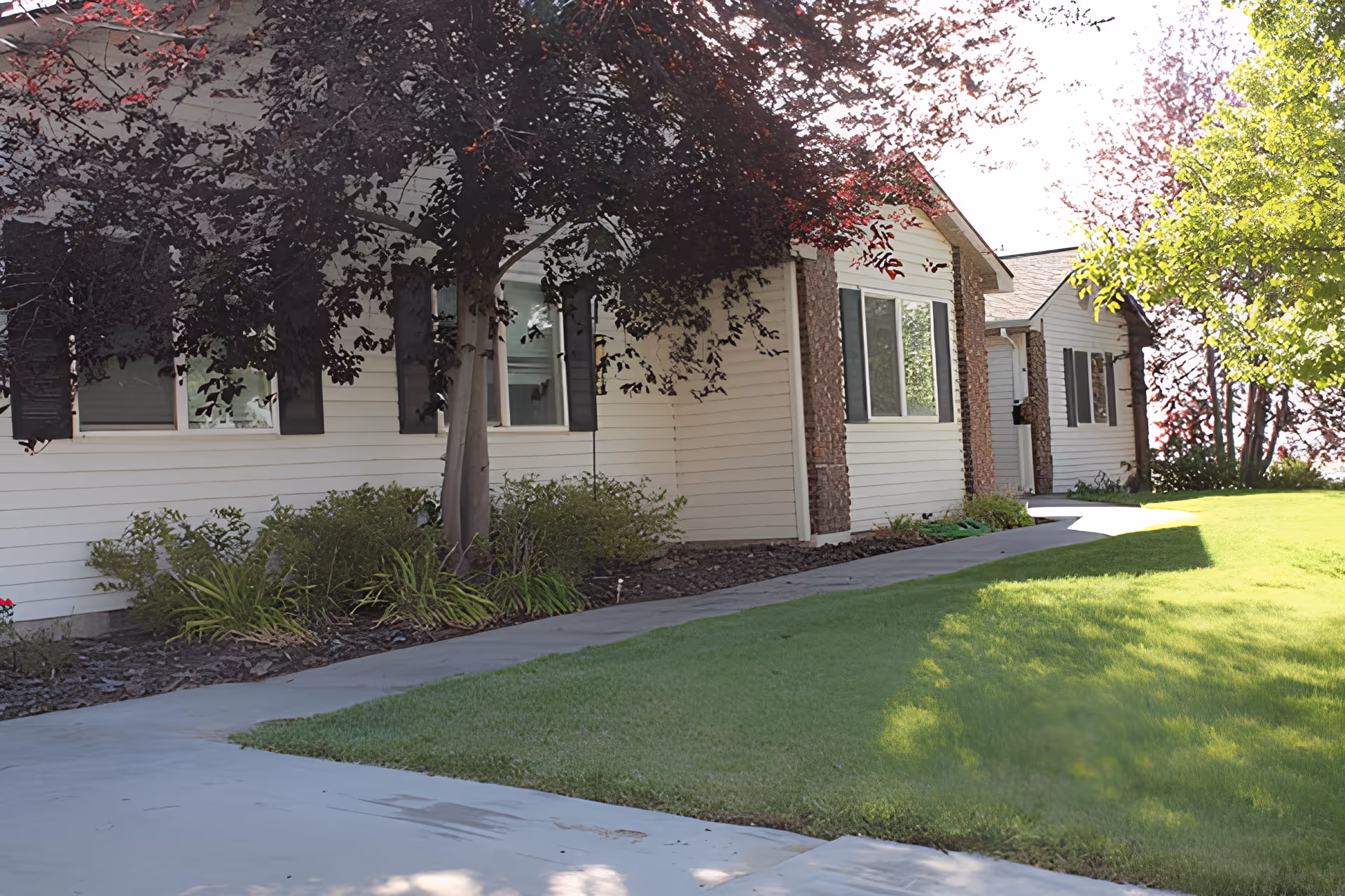 Exterior view of a single-story senior living facility building with white siding, black shutters, and several windows. There is a concrete walkway leading to the entrance, surrounded by green grass, bushes, and trees with dark red and green leaves.