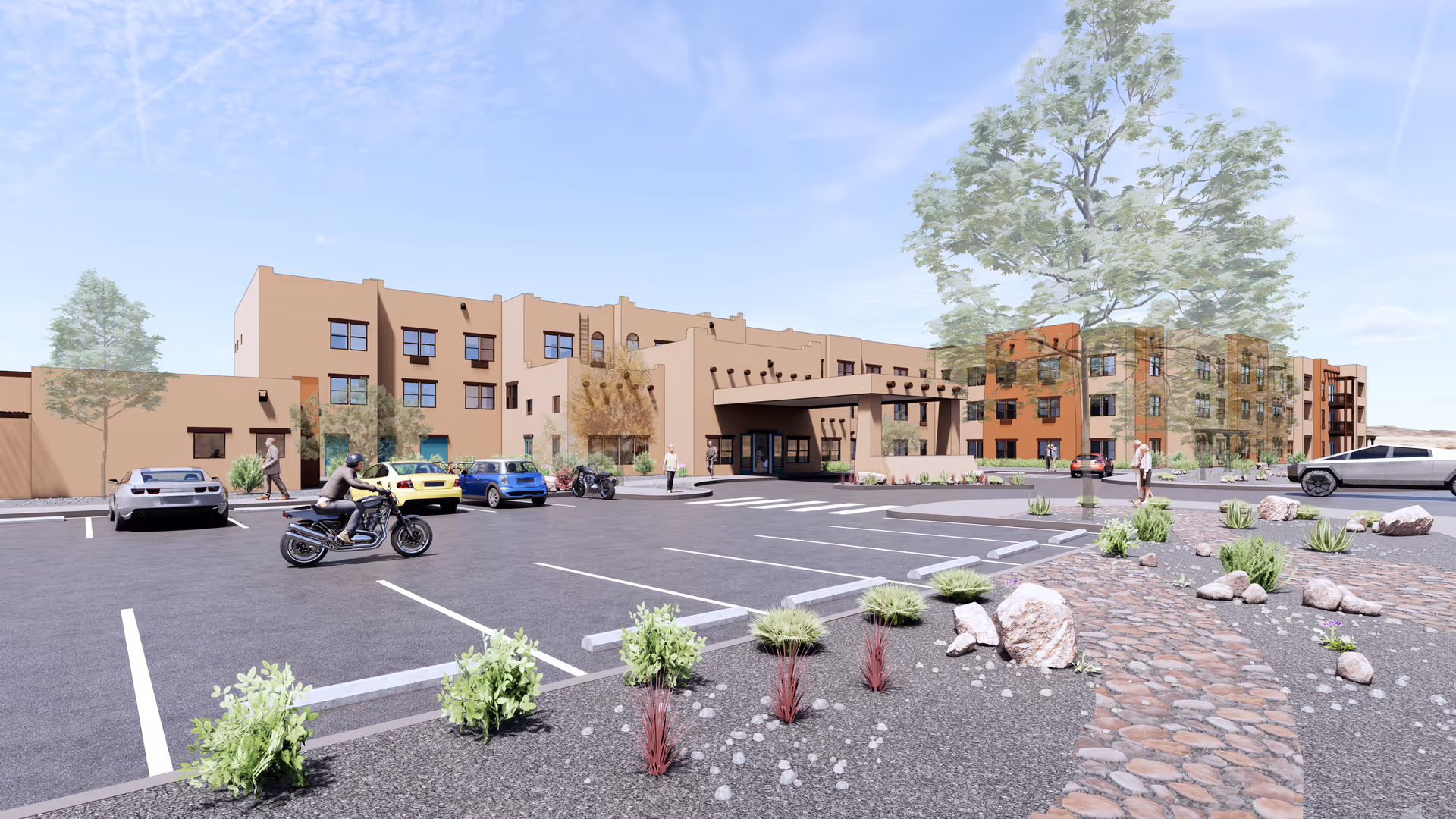 Exterior view of Ativo Senior Living of Albuquerque showing a large parking lot with several cars and a motorcycle. The building has a southwestern architectural style with beige and brown tones, multiple windows, and a covered entrance. There are landscaped areas with rocks, shrubs, and trees around the parking lot under a partly cloudy sky.