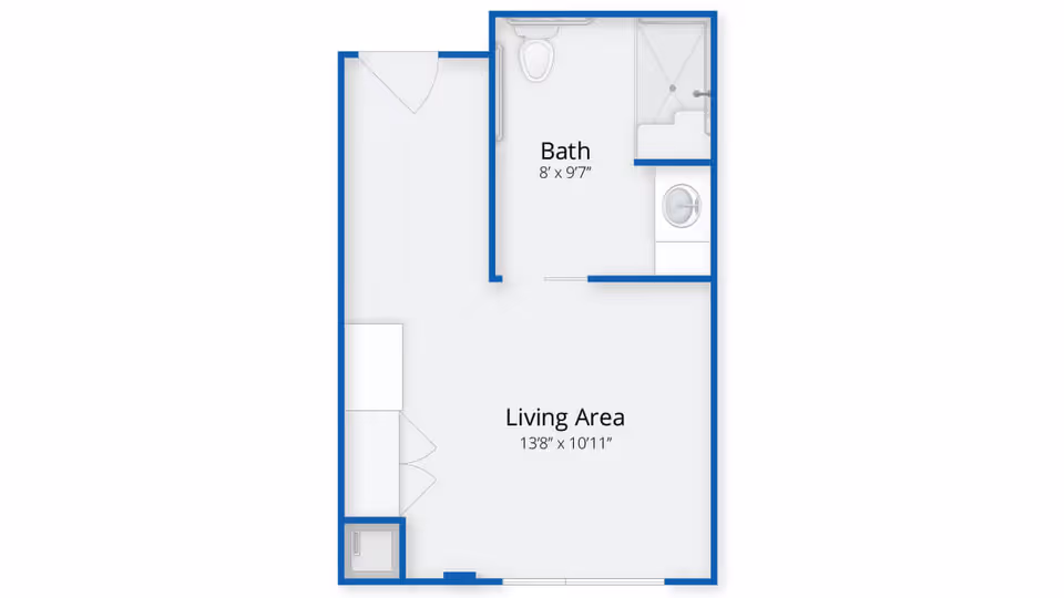 Floor plan of a senior living unit at Benchmark Senior Living on Clapboardtree showing a living area measuring 13 feet 8 inches by 10 feet 11 inches, and a bathroom measuring 8 feet by 9 feet 7 inches with a toilet, shower, and sink.