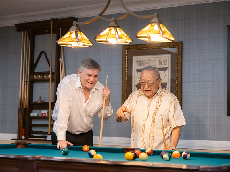 Two elderly men playing pool in a well-lit room with a pool table, cues, and a framed picture on the wall behind them. One man is leaning on the pool table smiling, while the other is pointing at the balls on the table.