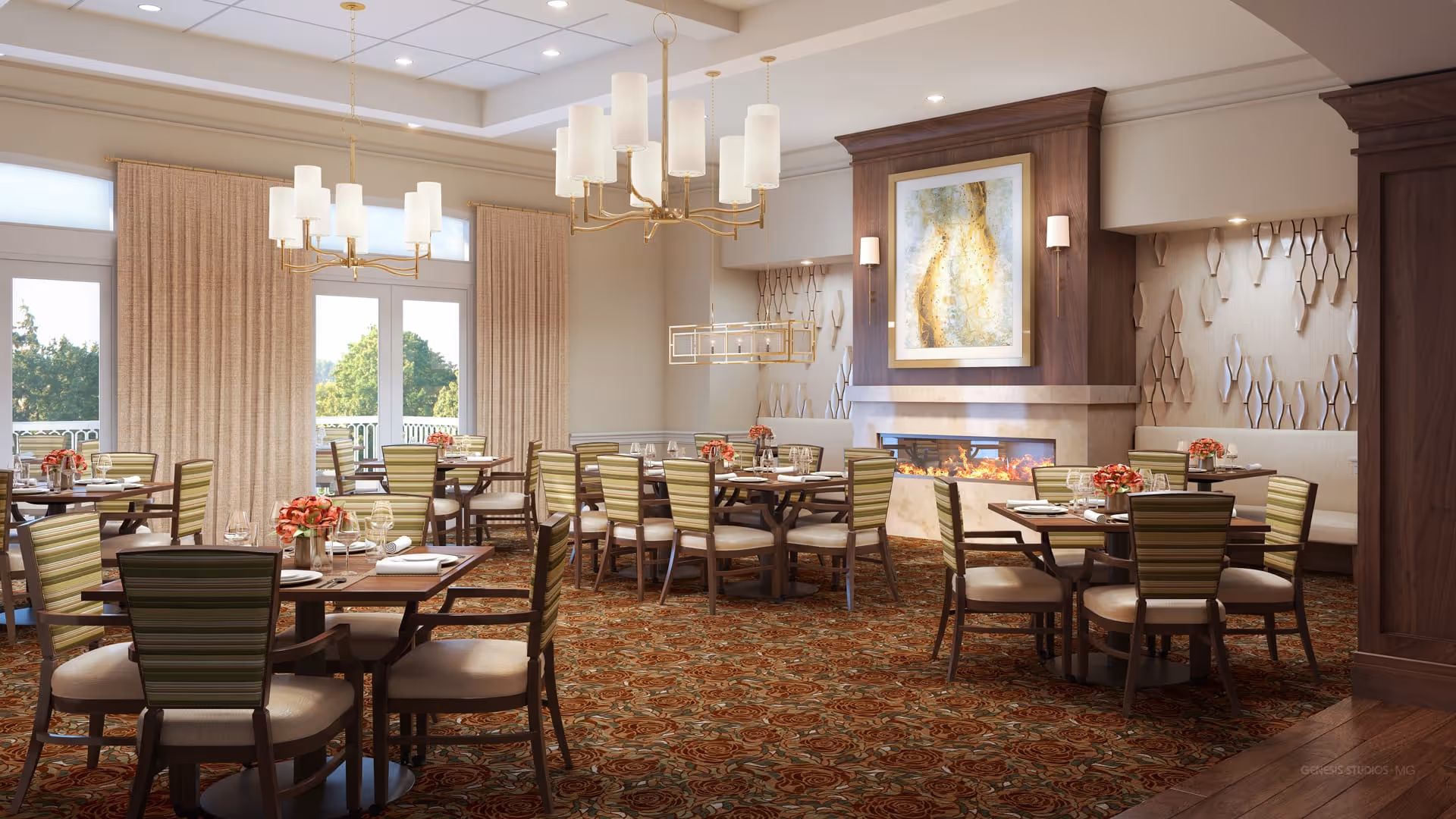 A spacious dining room with multiple round tables and chairs arranged neatly. Each table is set with glassware, napkins, and small floral centerpieces. The room features large windows with beige curtains, allowing natural light to brighten the space. A modern fireplace with a framed abstract painting above it is on one wall, flanked by wall sconces. The carpet has an intricate pattern, and elegant chandeliers hang from the ceiling.