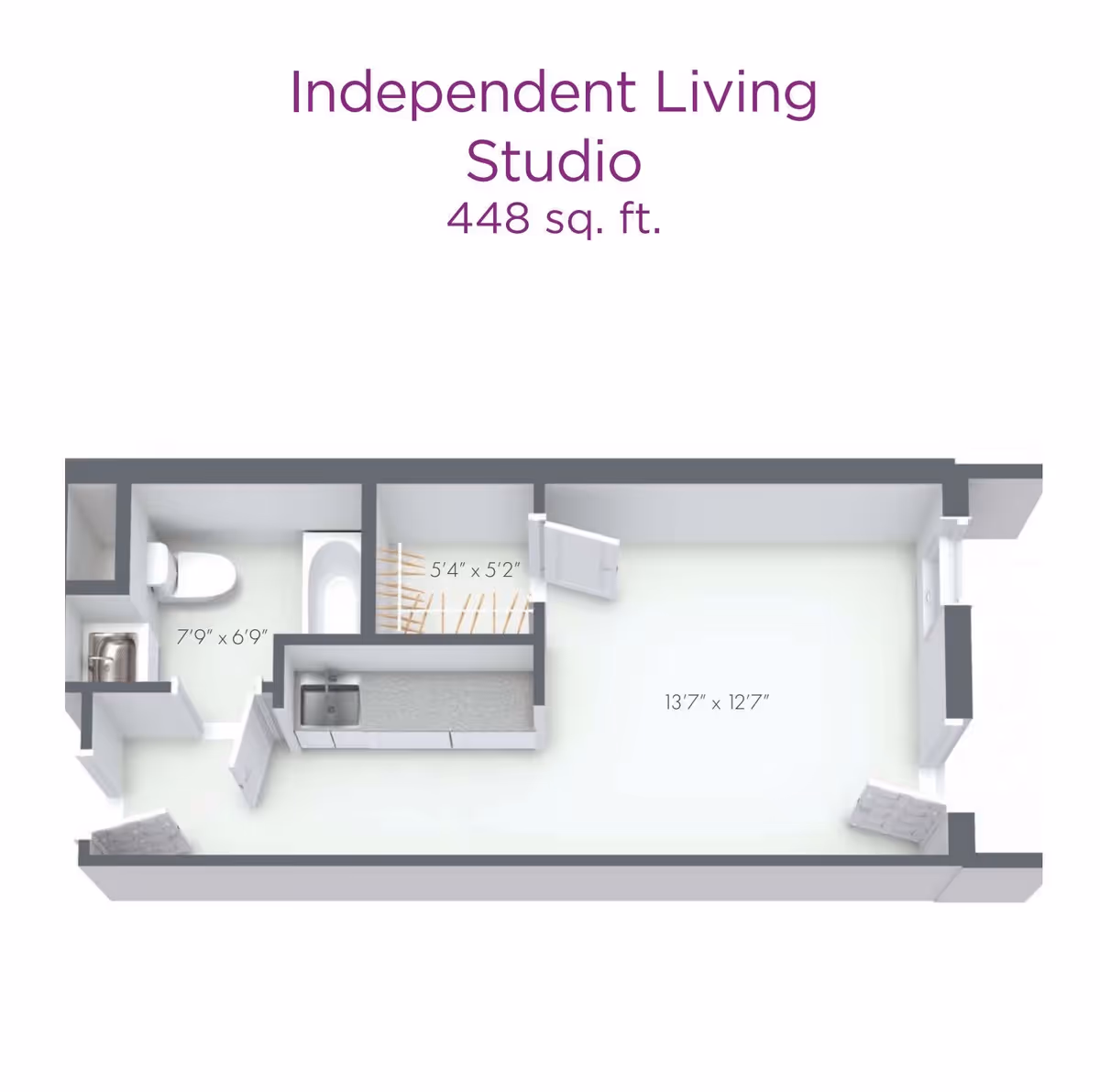 3D floor plan of an independent living studio apartment measuring 448 square feet. The layout includes a bathroom with a toilet and bathtub (7'9" x 6'9"), a closet (5'4" x 5'2"), a kitchenette with a sink, and a main living area (13'7" x 12'7").