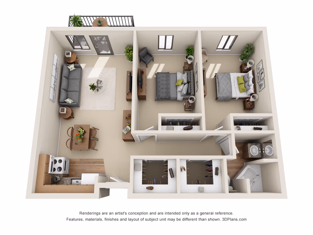 3D floor plan of a two-bedroom apartment featuring a living room with a sofa, coffee table, and TV, a dining area with a table and four chairs, a kitchen with stove and sink, two bedrooms each with a bed, nightstands, and a chair, two closets, and a bathroom with a shower, toilet, and double sink vanity.