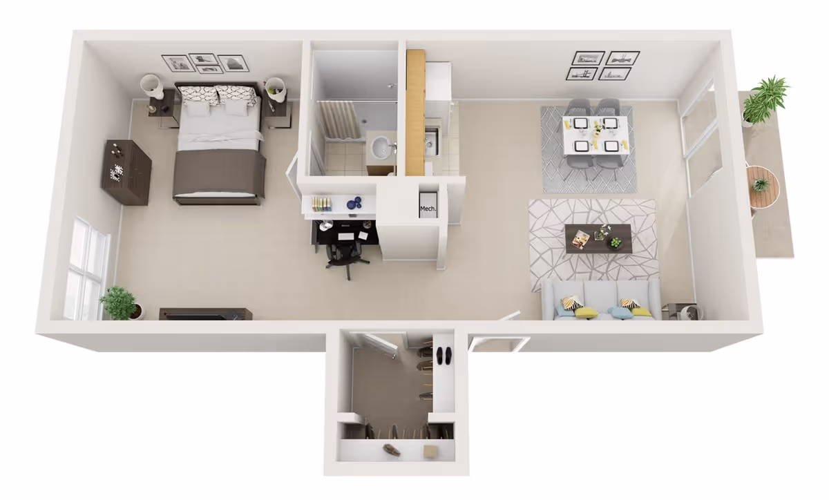 3D rendered floor plan of a one-bedroom apartment showing a bedroom, bathroom, kitchenette, living and dining areas, and a small balcony.