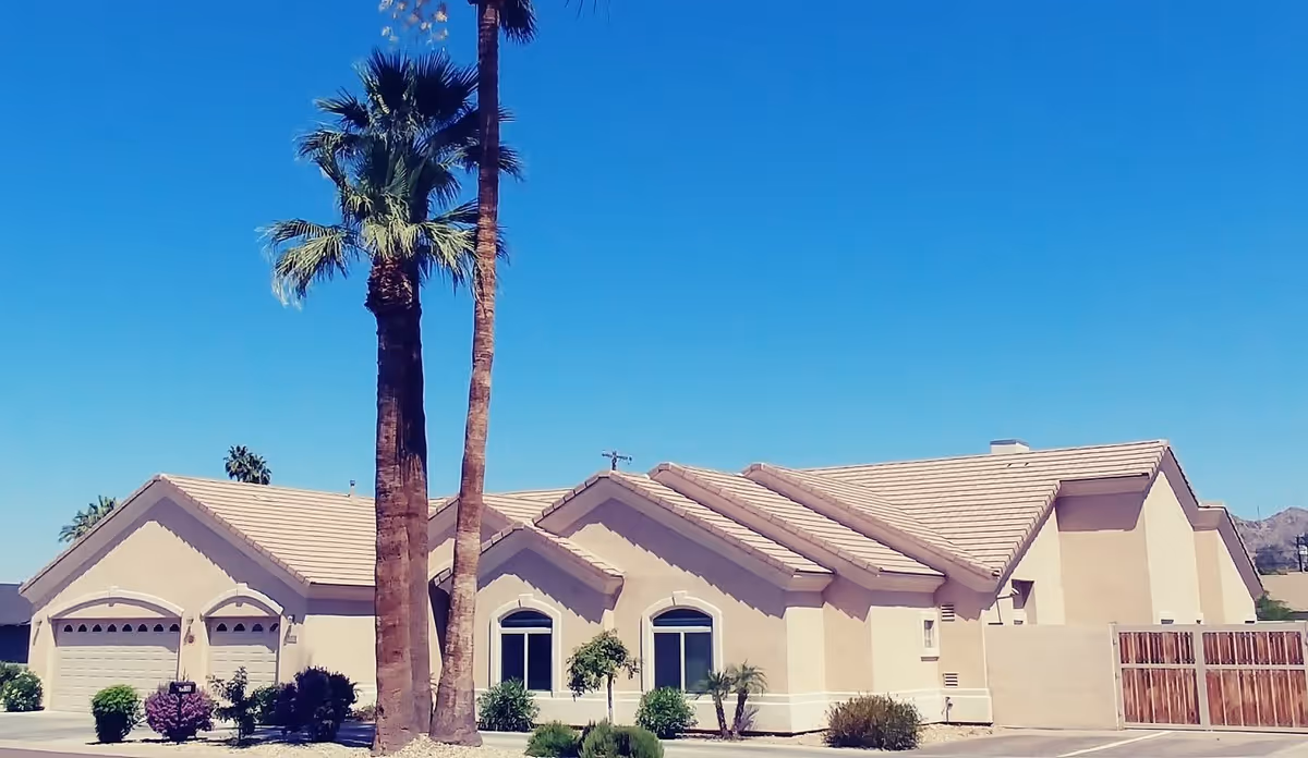 Exterior view of a single-story residential building with a beige stucco finish and a tiled roof under a clear blue sky. There are two tall palm trees in front of the building, along with some bushes and small plants near the windows and driveway.