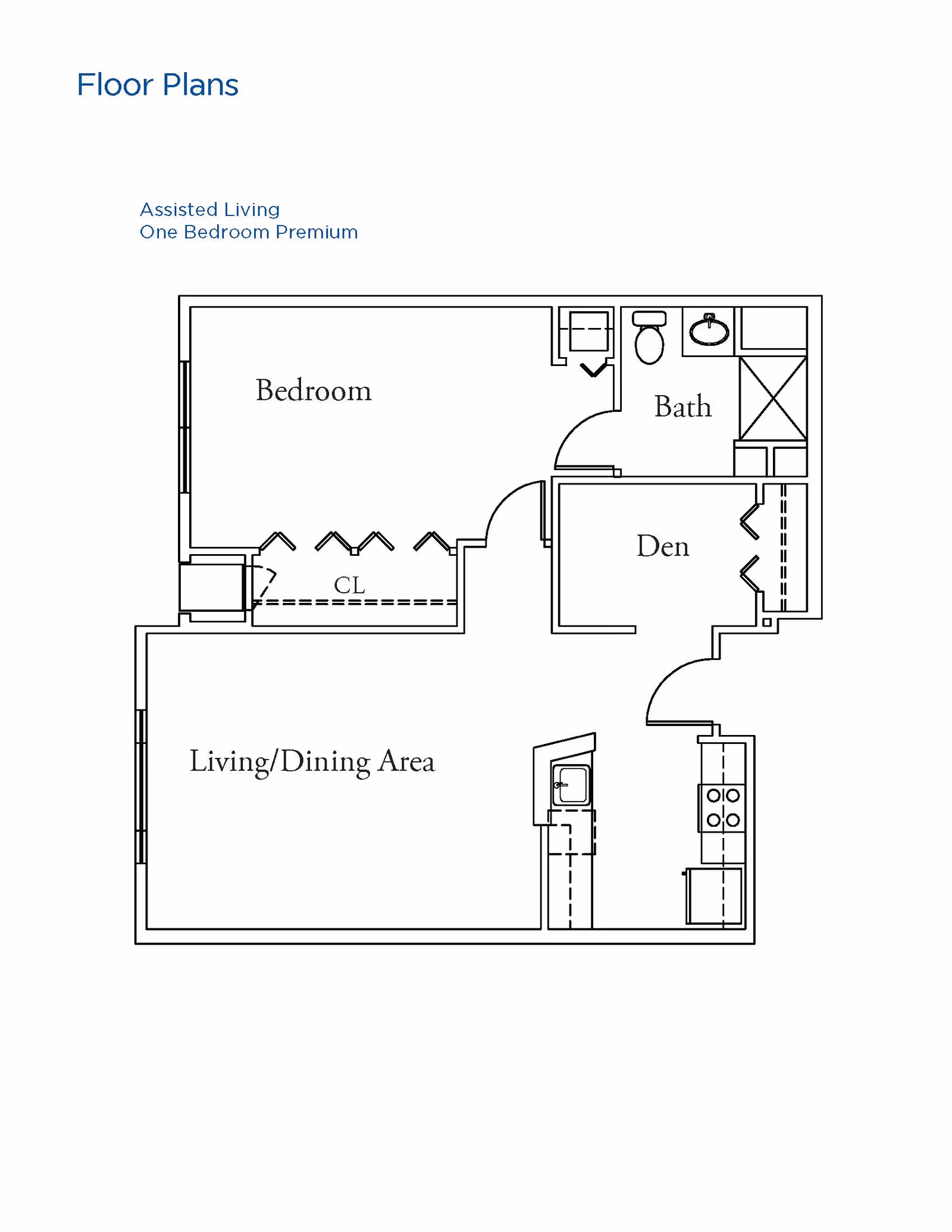 Floor plan layout of an assisted living one bedroom premium unit showing a bedroom, bath, den, living/dining area, and kitchen.