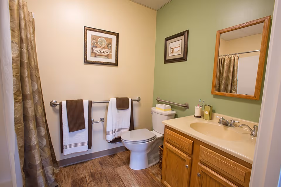 Well-lit accessible bathroom with a toilet, sink vanity and mirror, towel racks, and a shower curtain.