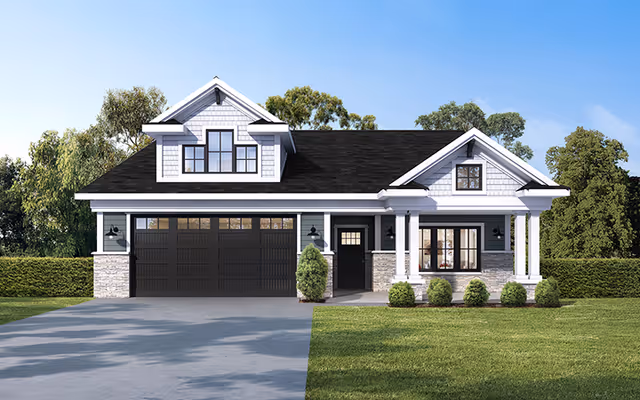 Front exterior of a single-family style house with a two-car garage, covered porch, and a manicured lawn.