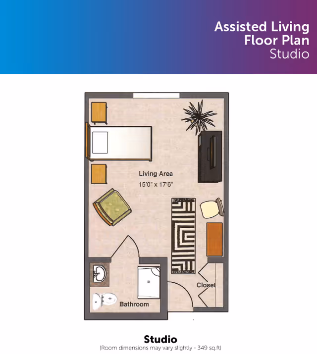 Floor plan of a studio assisted living apartment showing a living area with a bed, two small tables, a chair, a TV on a stand, a rug, a desk with a chair, a closet, and a bathroom with a toilet, sink, and shower. The living area measures 15 feet by 17 feet 6 inches.