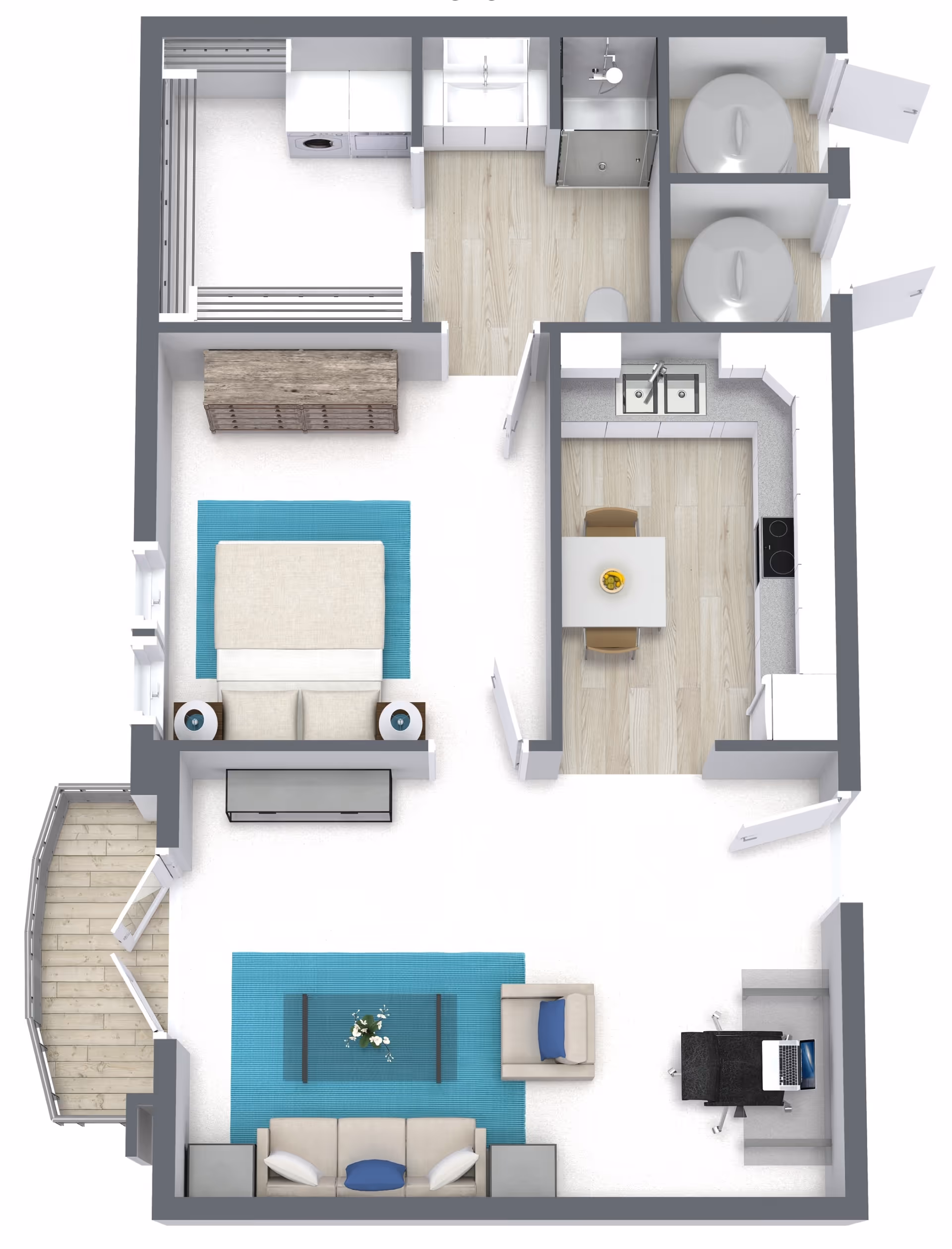 3D floor plan of a senior independent living apartment showing a bedroom with a bed, two nightstands, and a dresser; a bathroom with a shower, sink, and toilet; a kitchen with a dining table and chairs, sink, stove, and refrigerator; a living room with a sofa, armchair, coffee table, side tables, and a desk with a computer; and a small balcony with wooden flooring.
