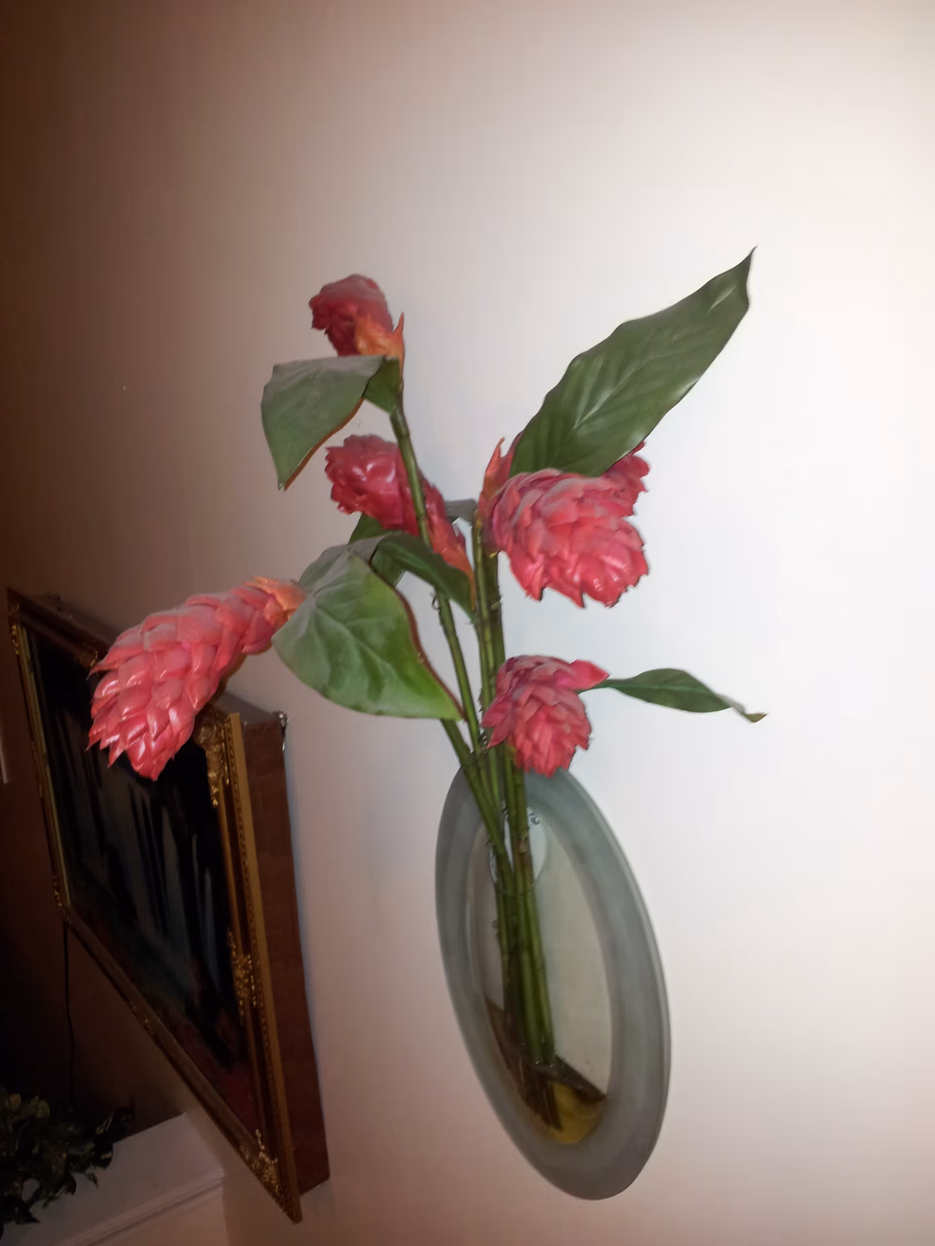 A wall-mounted oval glass vase holding several pink flowers with green leaves, next to a framed picture on a white wall.