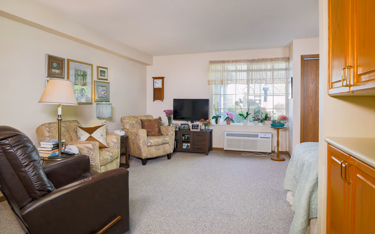 A bright, furnished living room in a senior apartment with armchairs and a recliner, a TV on a stand, a window with potted plants, and built-in cabinetry.