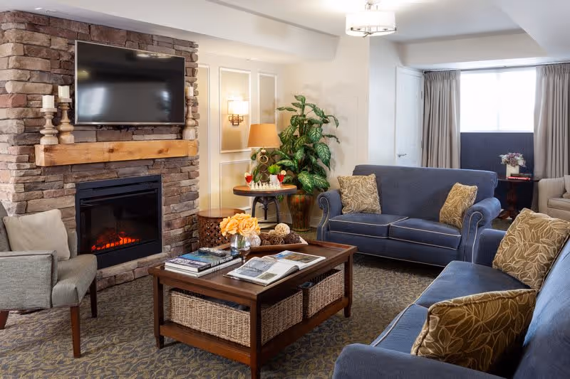 A cozy living room with a stone fireplace and mounted flat-screen TV above it. The room features two blue sofas with patterned cushions, a gray armchair, a wooden coffee table with books and decorative items, a side table with a lamp and plants, and a window with curtains letting in natural light.