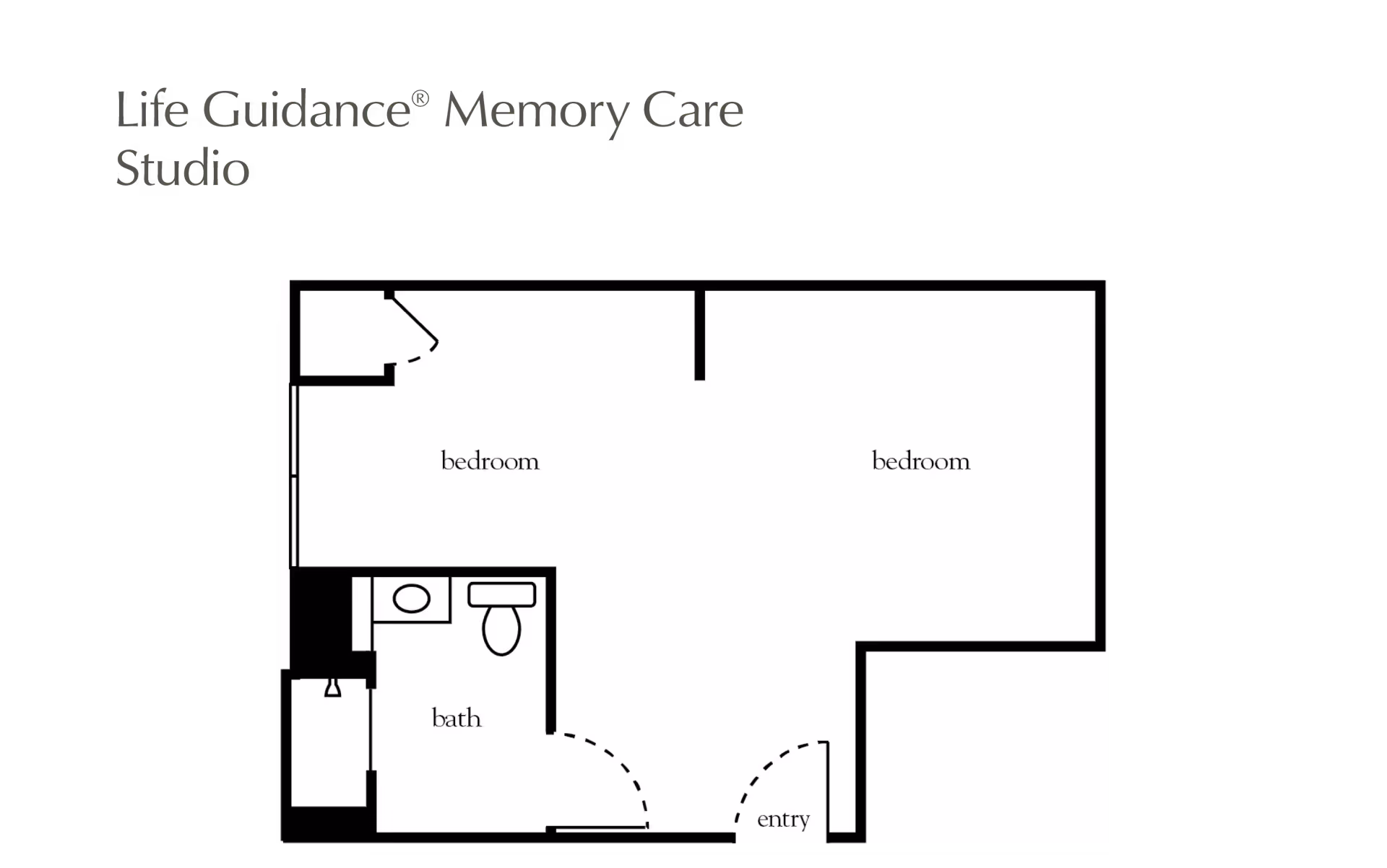 Floor plan layout labeled Life Guidance Memory Care Studio showing two bedrooms, a bathroom, and an entry area.
