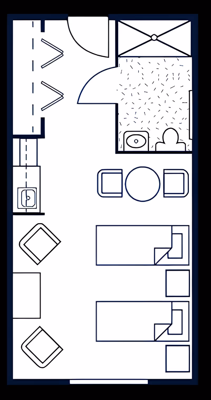 Architectural floor plan of a small living space featuring two single beds with pillows and blankets, two chairs with a round table between them, a small kitchenette with a sink, a bathroom with a toilet and sink, and two additional chairs near the bottom left corner.