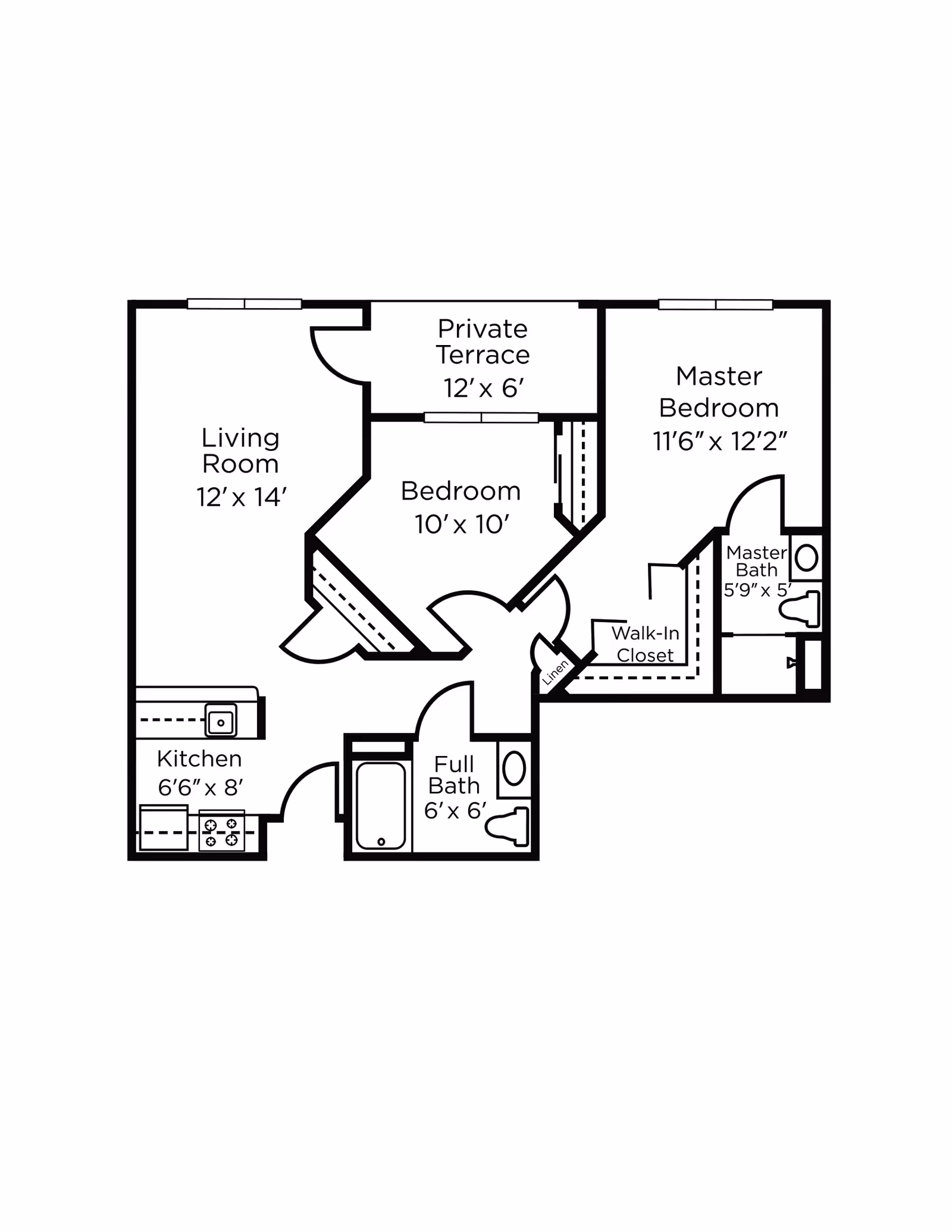 Architectural floor plan of a residential unit featuring a living room (12' x 14'), kitchen (6'6" x 8'), bedroom (10' x 10'), master bedroom (11'6" x 12'2") with walk-in closet and master bath (5'9" x 5'), a full bath (6' x 6'), linen closet, and a private terrace (12' x 6').