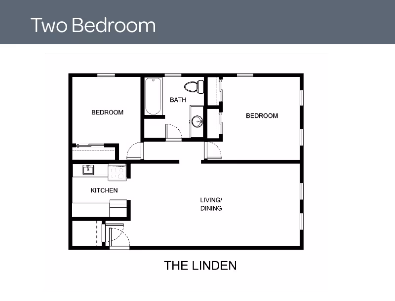 Floor plan titled 'Two Bedroom' showing a layout named 'The Linden' with two bedrooms, one bathroom, a kitchen, and a combined living and dining area.