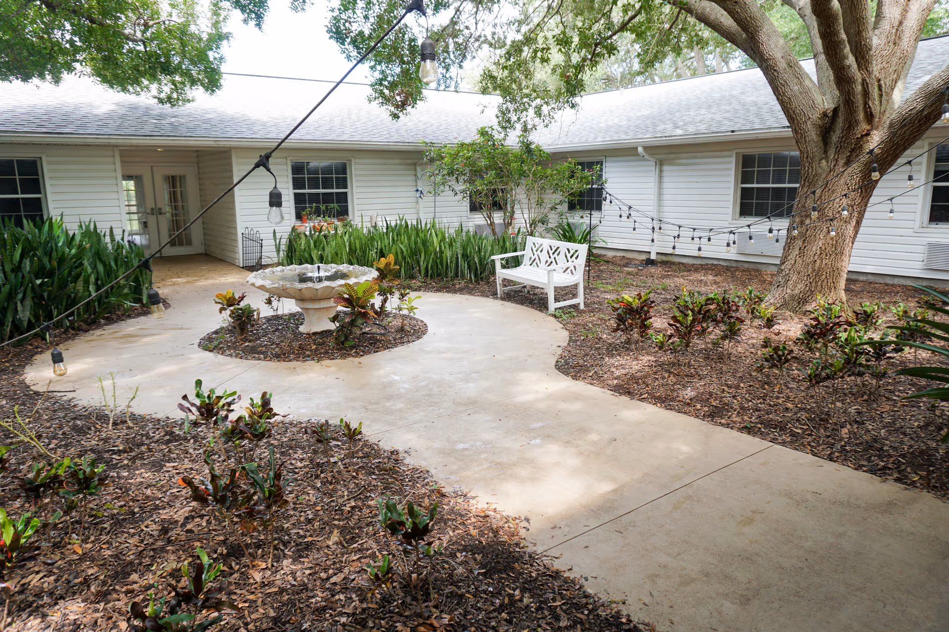 Outdoor courtyard area with a concrete pathway surrounding a small fountain in the center. There is a white bench near a large tree with string lights hanging from the tree and across the courtyard. The building surrounding the courtyard has white siding and multiple windows.