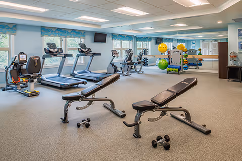 A spacious fitness room with exercise equipment including treadmills, stationary bikes, weight benches, dumbbells, and colorful exercise balls. The room has large windows with blue patterned valances, light blue walls, and a wall-mounted TV. There is a large mirror on one wall and the floor is carpeted.