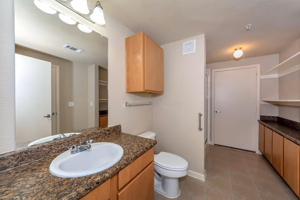 A clean bathroom with a granite countertop sink, wooden cabinets, a toilet, and a large mirror. The room also features built-in shelves and a closed white door, with neutral-colored walls and tiled floor.