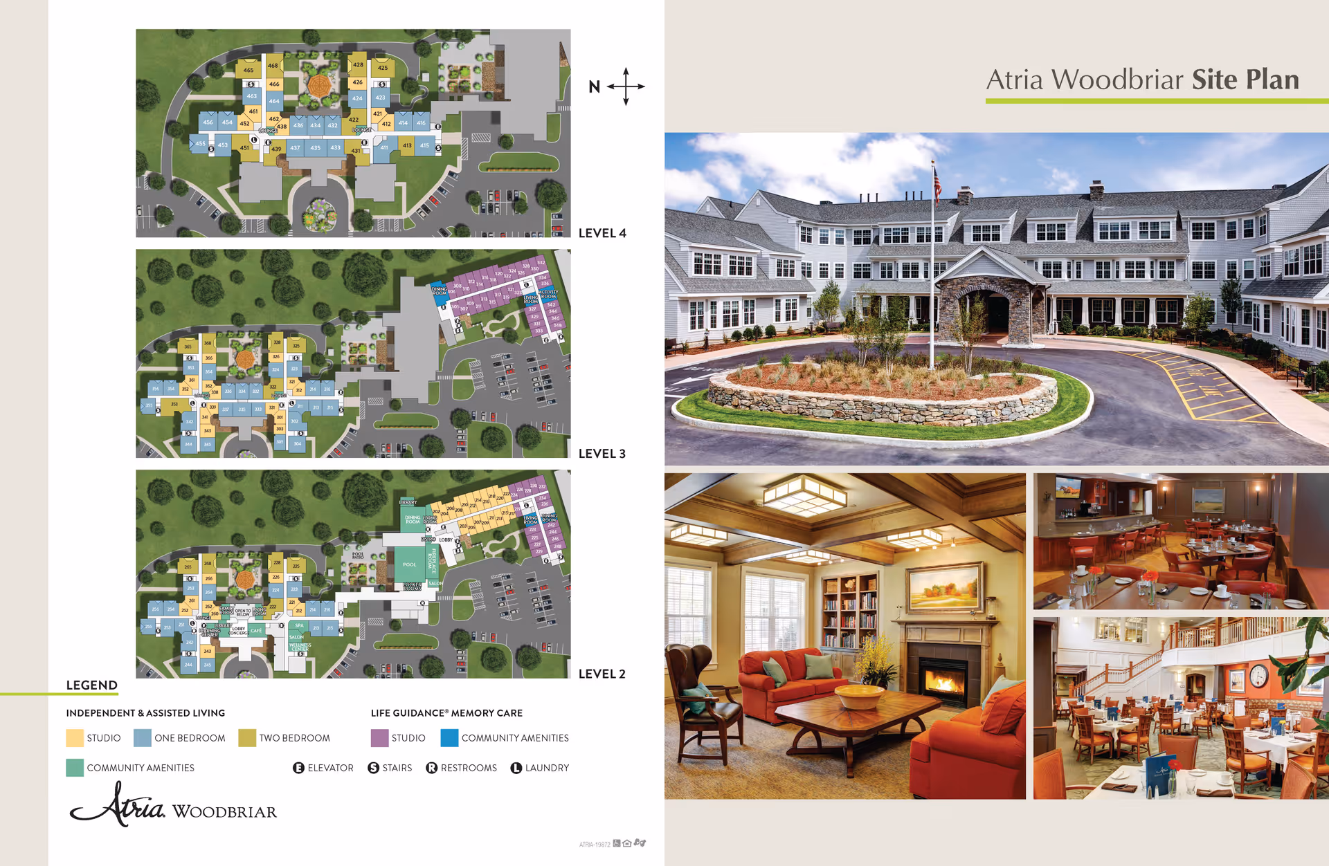Atria Woodbriar site plan showing floor layouts for levels 2, 3, and 4 on the left side, with a legend indicating independent & assisted living and life guidance memory care areas. On the right side, there is an exterior view of the building with a circular driveway and flagpole, and three interior photos showing a cozy living room with a fireplace, a dining area with tables and chairs, and another dining or common area with seating and plants.