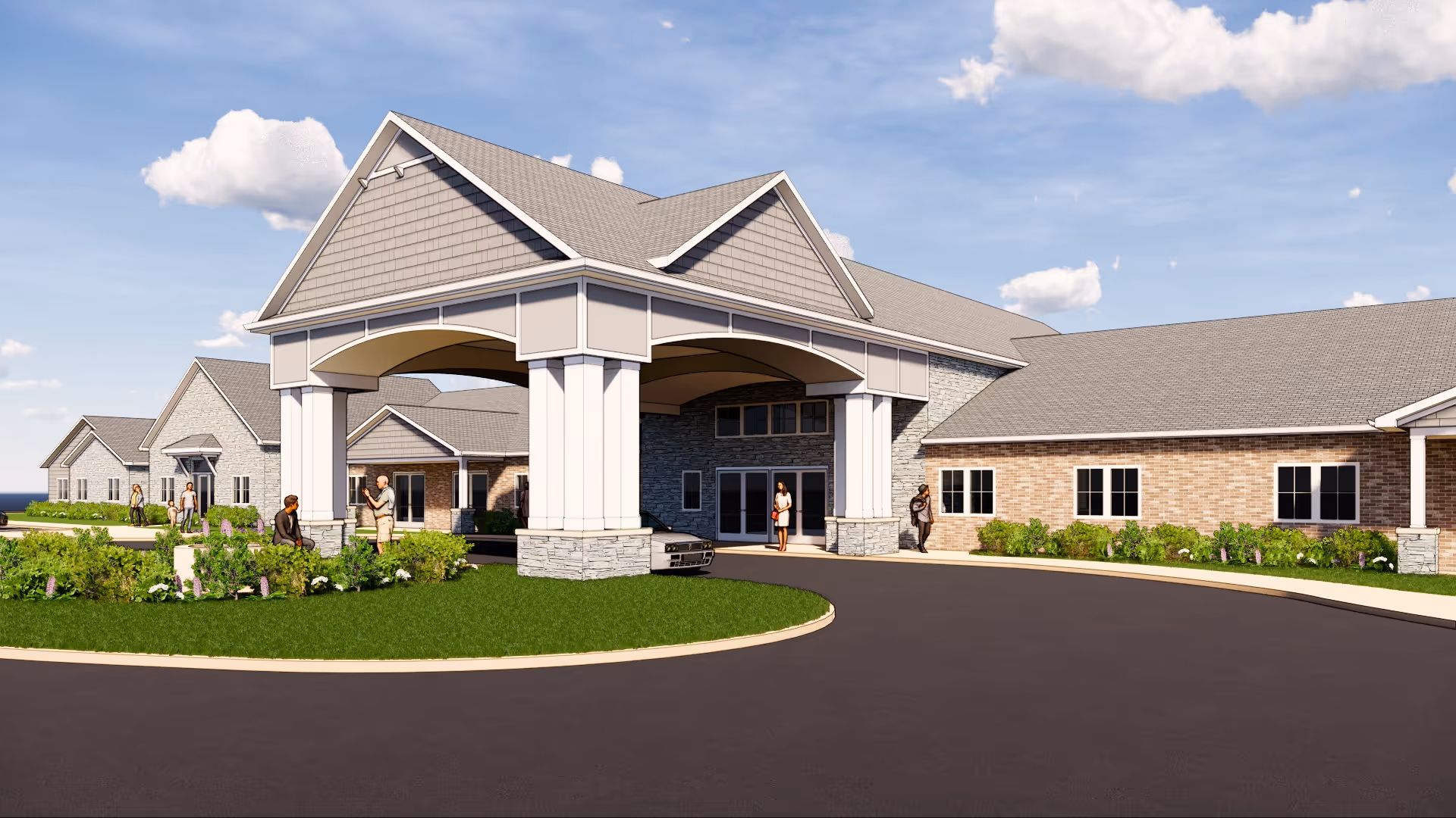 Exterior view of Cedarhurst Senior Living of Fort Wayne showing the main entrance with a covered driveway, landscaped greenery, and several people walking or standing near the building under a partly cloudy sky.