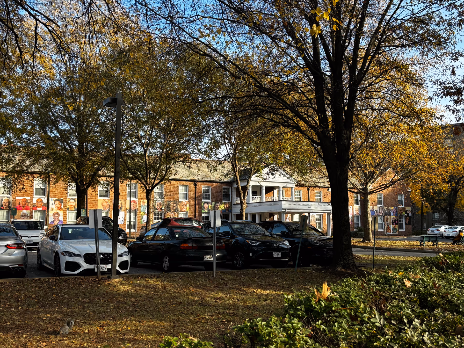 A parking lot with several cars in front of a two-story brick building with white columns at the entrance. The building has large portraits of elderly people displayed on the exterior walls. Trees with autumn foliage surround the area, and a squirrel is visible on the grass in the foreground.