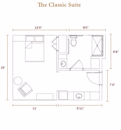 Floor plan of The Classic Suite showing a bedroom area with a bed, chair, and table, a bathroom with a toilet, sink, and shower, and a kitchenette area with a sink and counter space. Dimensions of each section are labeled.