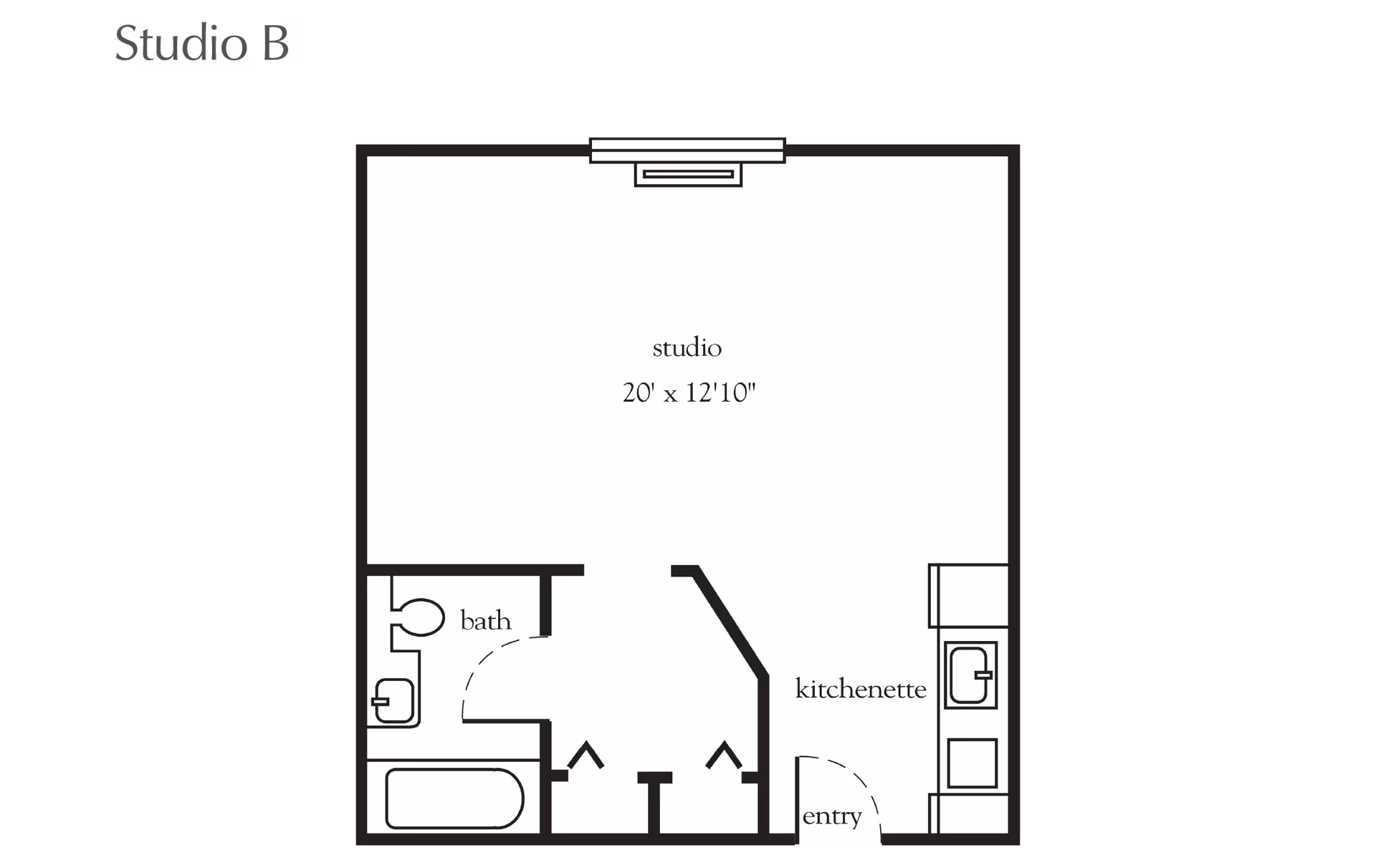 Black-and-white floor plan labeled Studio B showing a 20' x 12'10" studio layout with a kitchenette, bathroom, and entry.