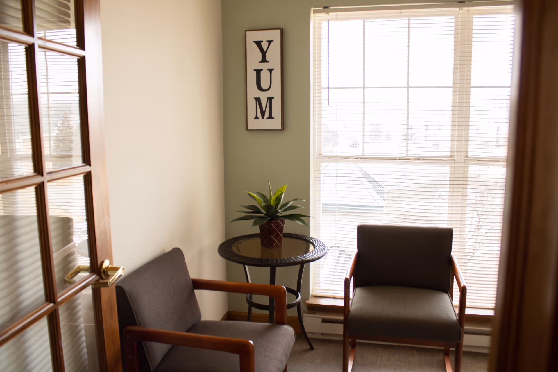 Small seating area with two armchairs, a round side table holding a potted plant, and a large window with blinds.