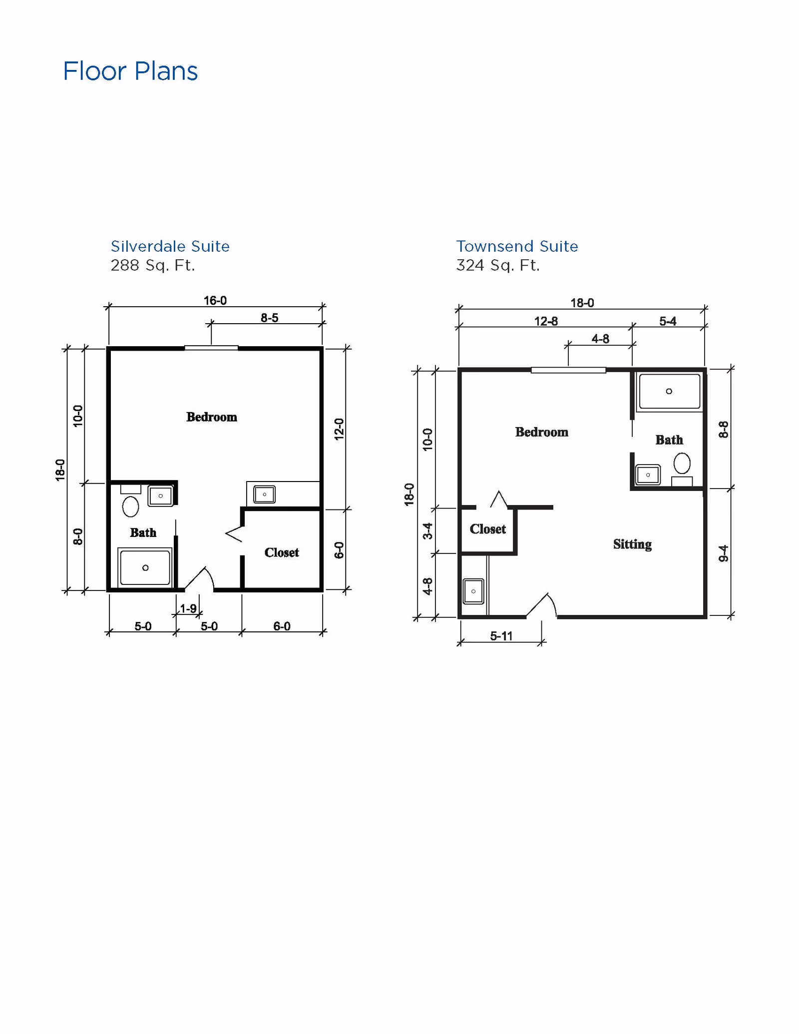 Two black-and-white floor plan diagrams labeled Silverdale Suite (288 Sq. Ft.) and Townsend Suite (324 Sq. Ft.) showing bedroom, bath, closet, sitting areas and measurements.