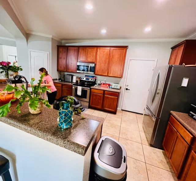 Kitchen interior with wooden cabinets, stainless-steel refrigerator and stove, an island counter with plants, and a person in a pink shirt.