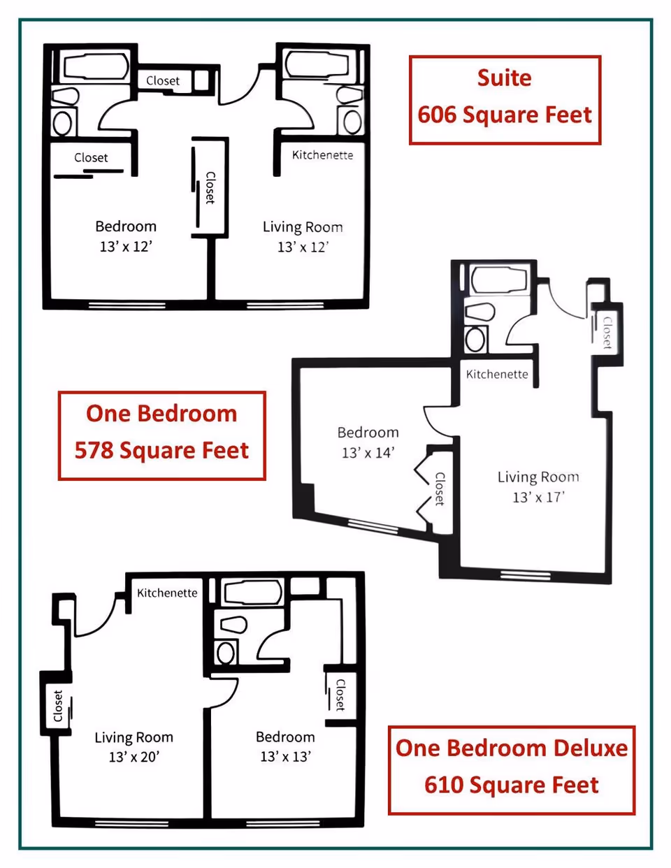 Floor plans of three different one-bedroom suite layouts at The McKendree Senior Living, showing dimensions and room labels including bedroom, living room, kitchenette, bathroom, and closets. The plans are labeled Suite 606 Square Feet, One Bedroom 578 Square Feet, and One Bedroom Deluxe 610 Square Feet.