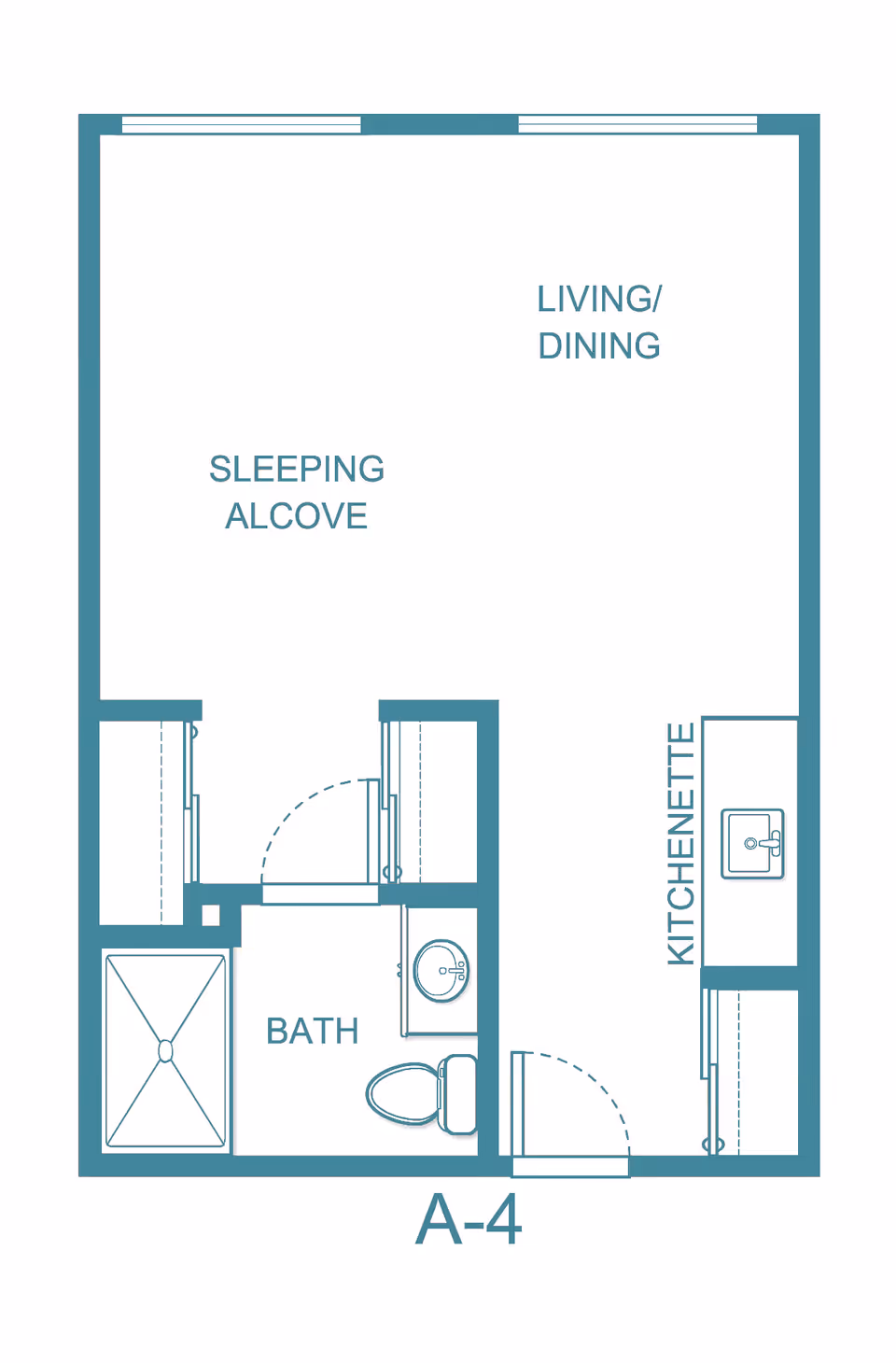 Floor plan layout of a studio apartment at Holiday Rock Creek showing a sleeping alcove, living/dining area, kitchenette, and a bathroom with a shower, toilet, and sink.