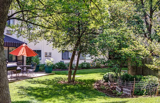 A sunny outdoor garden area with green grass, trees, and shrubs. There is a patio with a table, chairs, and a red umbrella near a building with windows. The scene is peaceful and well-maintained.
