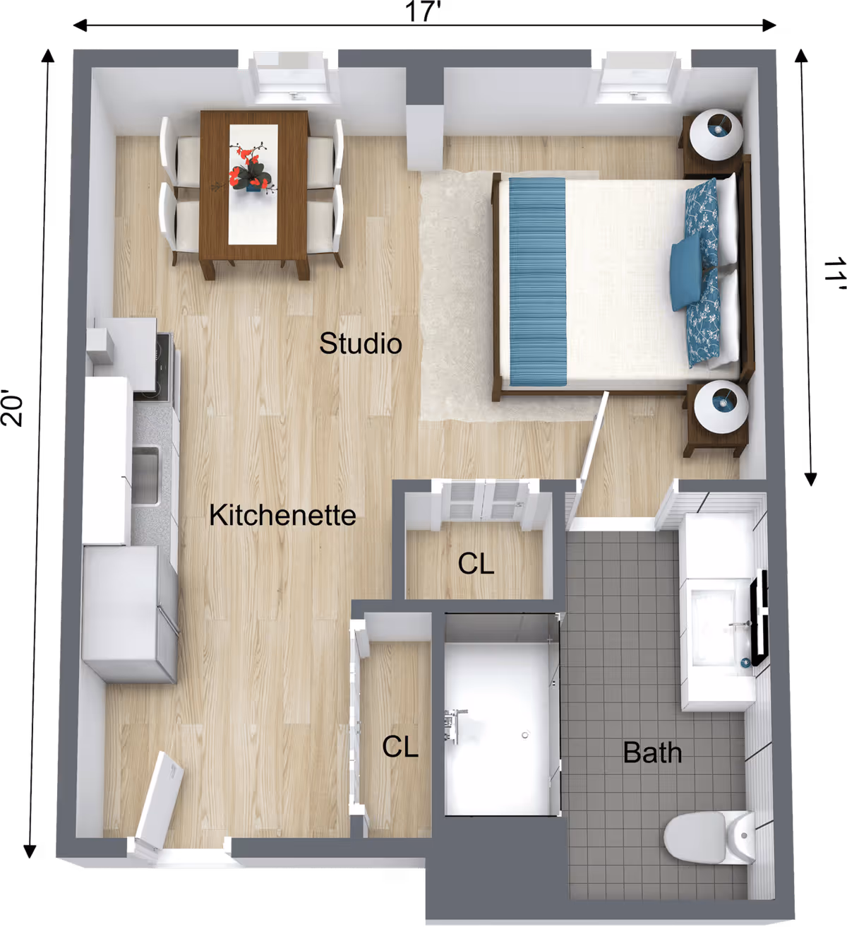 3D floor plan of a studio apartment at Methuen Village showing a kitchenette with refrigerator, sink, and stove, a dining table with four chairs, a sleeping area with a bed and two nightstands, two closets labeled CL, and a bathroom with a toilet, sink, and shower.